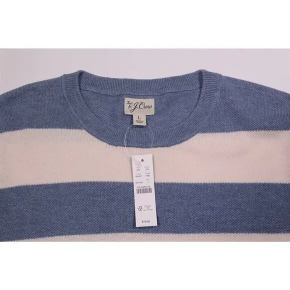 New! J. Crew Blue/White Cotton Piqué-Stitch Crewneck Sweater Large - Picture 6 of 8